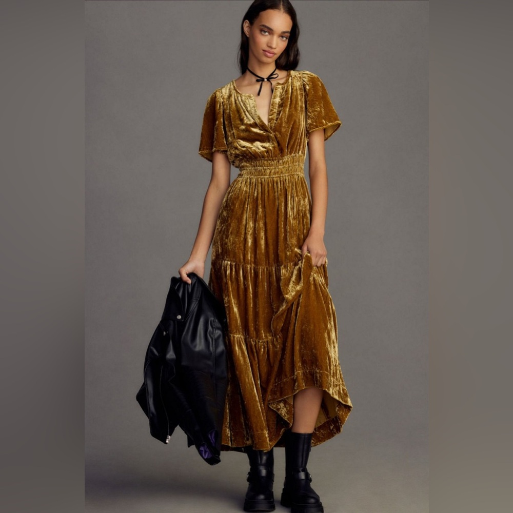 Anthropologie Gold Velvet the somerset maxi Dress